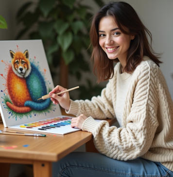 Jeune femme en train de peindre un tableau d'animal avec paintbynumbers
