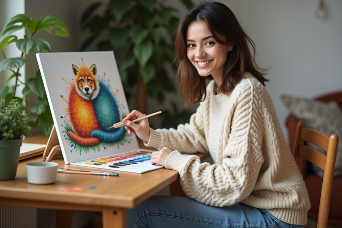 jeune-femme-peinture-animale Jeune femme en train de peindre un tableau d'animal avec paintbynumbers