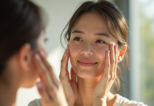 Jeune femme souriante examine sa peau dans un miroir lumineux
