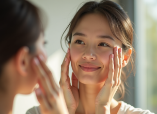 Jeune femme souriante examine sa peau dans un miroir lumineux