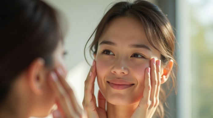 Jeune femme souriante examine sa peau dans un miroir lumineux