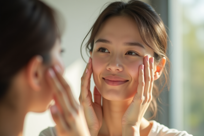 Jeune femme souriante examine sa peau dans un miroir lumineux