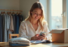 Jeune femme utilisant son téléphone pour vérifier les frais d'expédition de vêtements