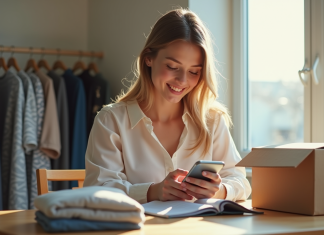 La stratégie de Vinted pour fixer ses frais de port Jeune femme utilisant son téléphone pour vérifier les frais d'expédition de vêtements