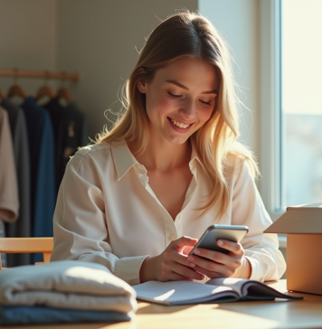 Jeune femme utilisant son téléphone pour vérifier les frais d'expédition de vêtements