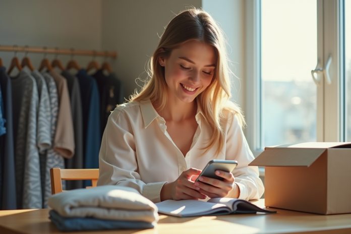 Jeune femme utilisant son téléphone pour vérifier les frais d'expédition de vêtements