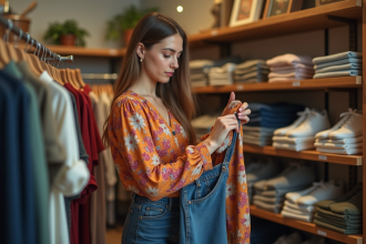 Jeune femme examine un vêtement vintage dans une boutique