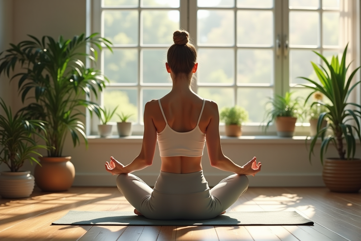 Jeune femme pratiquant le yoga dans une maison lumineuse et apaisante
