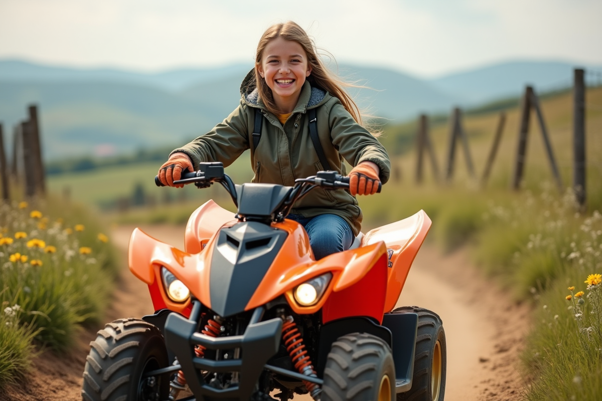 Jeune fille en quad sur chemin rural en plein air