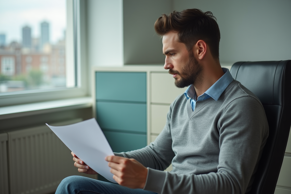 Jeune homme seul examinant des documents dans un bureau moderne