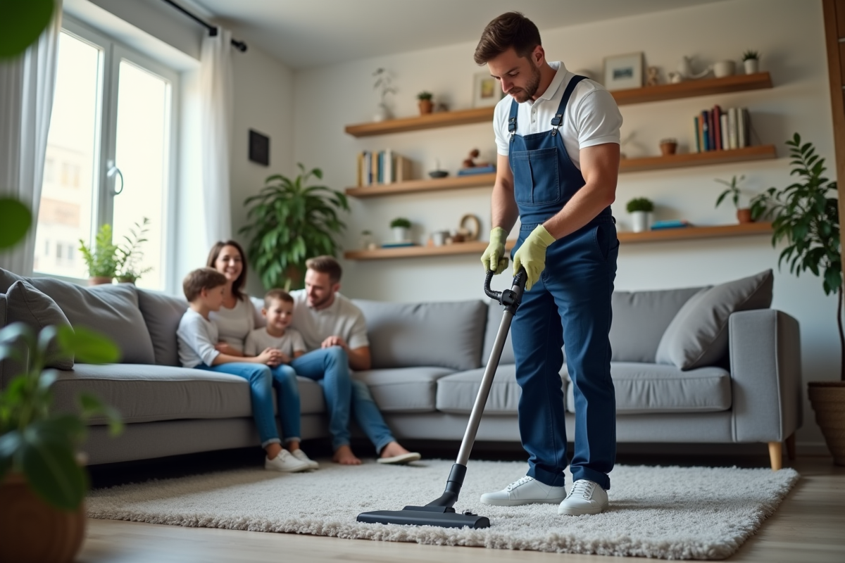 Jeune homme nettoyant le salon avec une famille qui regarde