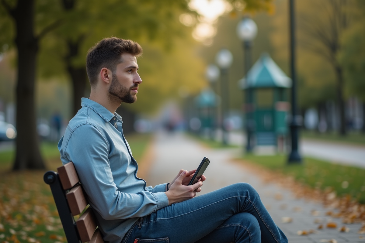 Jeune homme assis sur un banc de parc regardant son téléphone