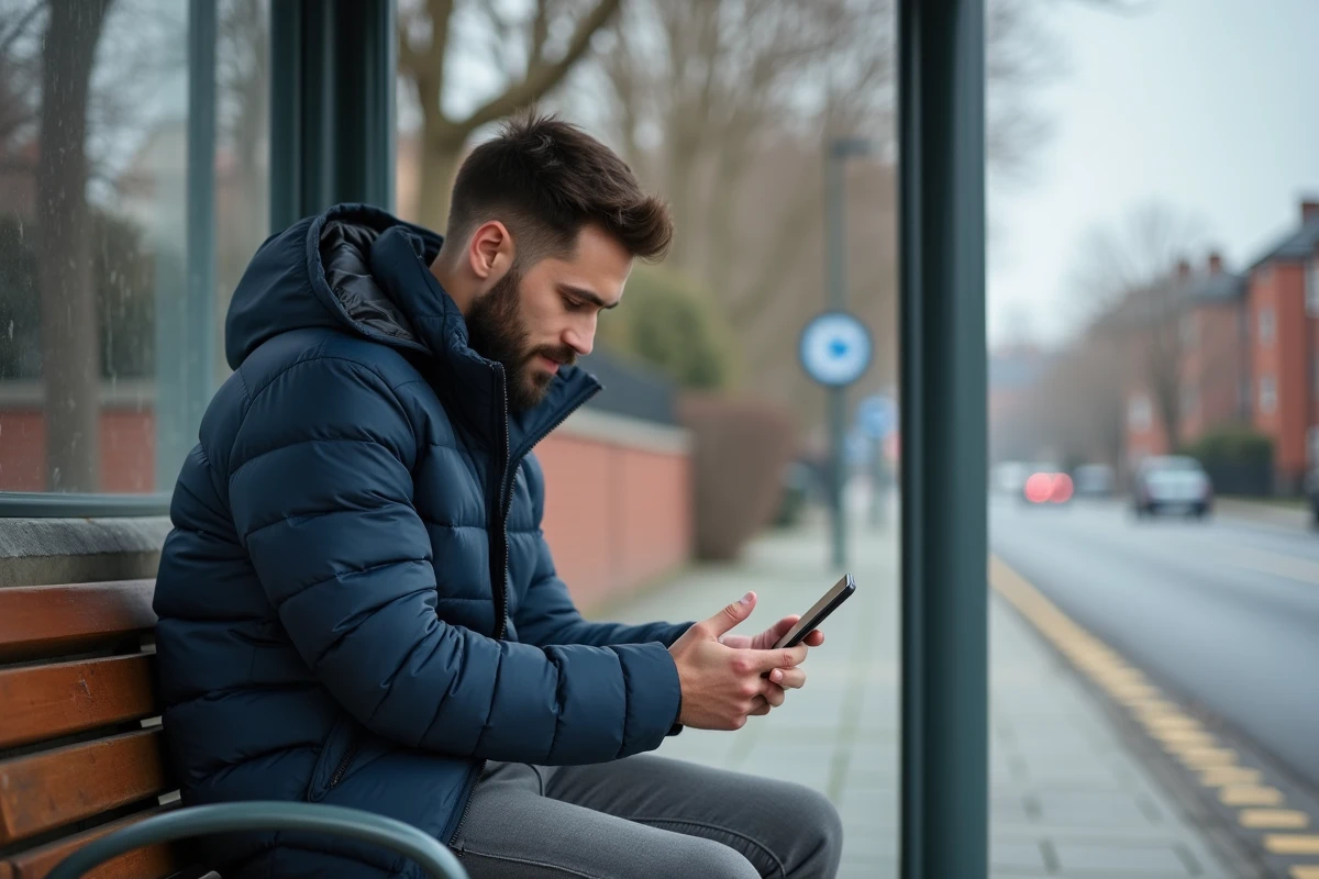 Jeune homme vérifiant les alternatives de transport sur smartphone à un arrêt de bus vide