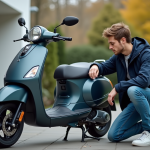 Entretien et maintenance d’un scooter neuf de 50 cm³ Jeune homme vérifiant la pression d'un scooter neuf en extérieur