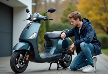 Jeune homme vérifiant la pression d'un scooter neuf en extérieur