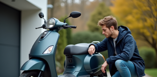 Entretien et maintenance d’un scooter neuf de 50 cm³ Jeune homme vérifiant la pression d'un scooter neuf en extérieur