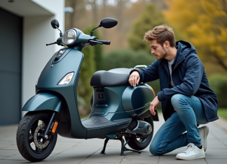 Entretien et maintenance d’un scooter neuf de 50 cm³ Jeune homme vérifiant la pression d'un scooter neuf en extérieur