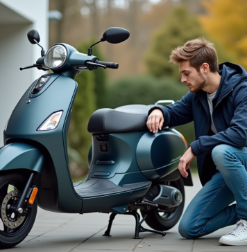 Jeune homme vérifiant la pression d'un scooter neuf en extérieur