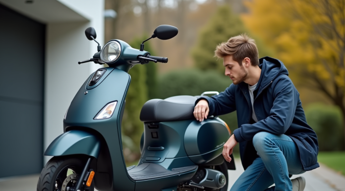 Entretien et maintenance d’un scooter neuf de 50 cm³ Jeune homme vérifiant la pression d'un scooter neuf en extérieur