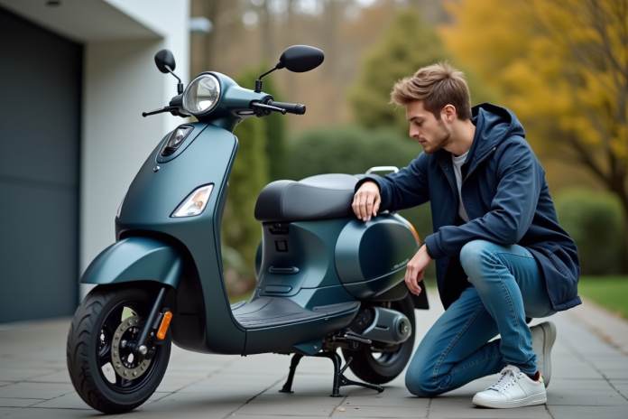Jeune homme vérifiant la pression d'un scooter neuf en extérieur