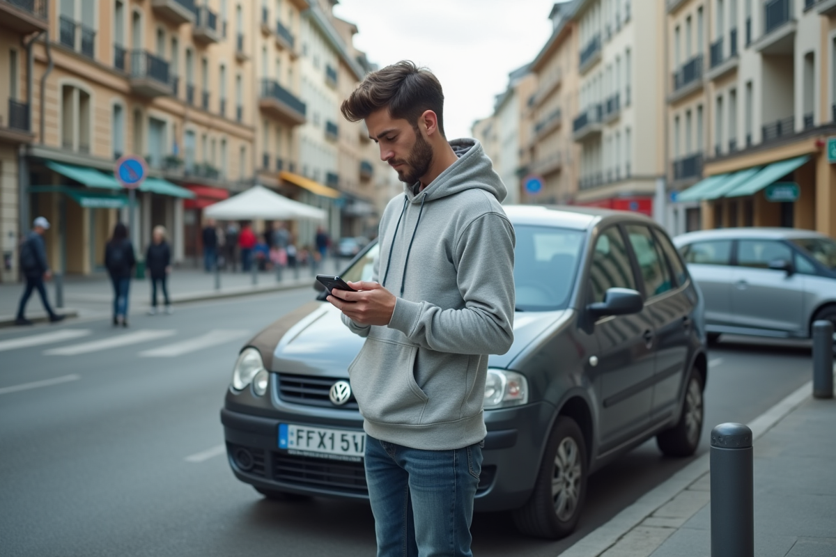 Jeune homme regardant son smartphone près d