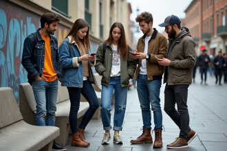 Groupe de jeunes adultes dans une place urbaine animée