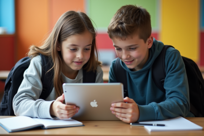 Adolescentes concentrés sur une tablette en classe