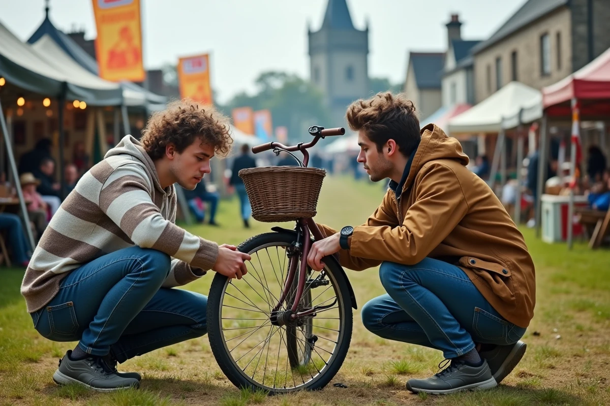 Deux jeunes inspectant un vieux vélo au vide grenier