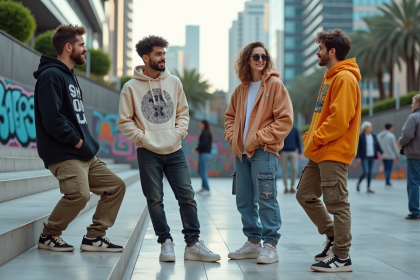 Groupe de jeunes en streetwear dans une place urbaine