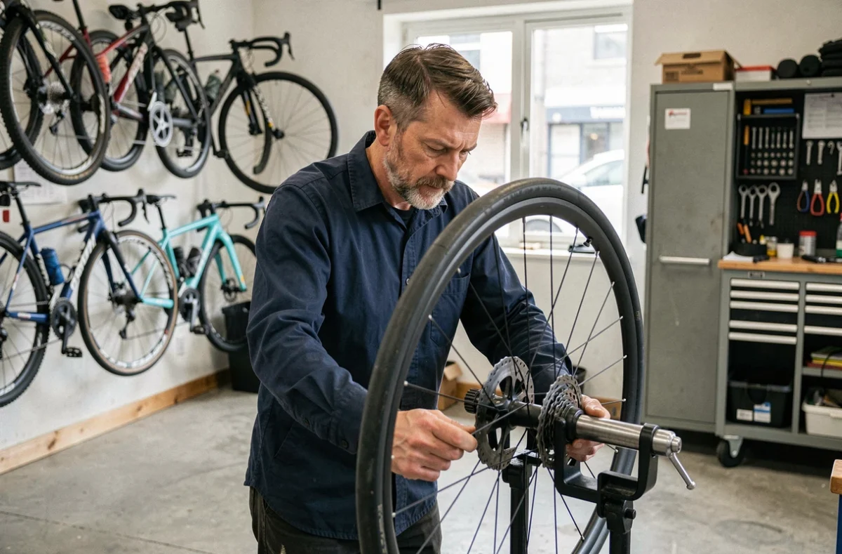 Mécanicien JHOG centrant une roue de vélo sur un support de dressage dans son atelier de réparation