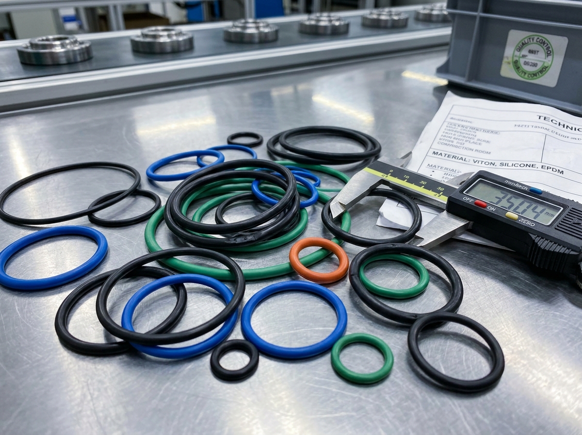 Joints et O-rings élastomères de différentes tailles sur un plan de travail d'atelier industriel
