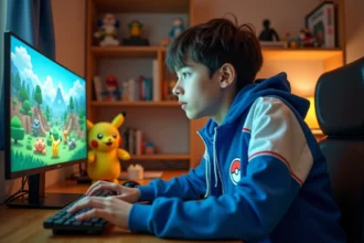 Joueur en tenue de dresseur Pokémon devant un écran Minecraft avec des Pokémon dans le jeu