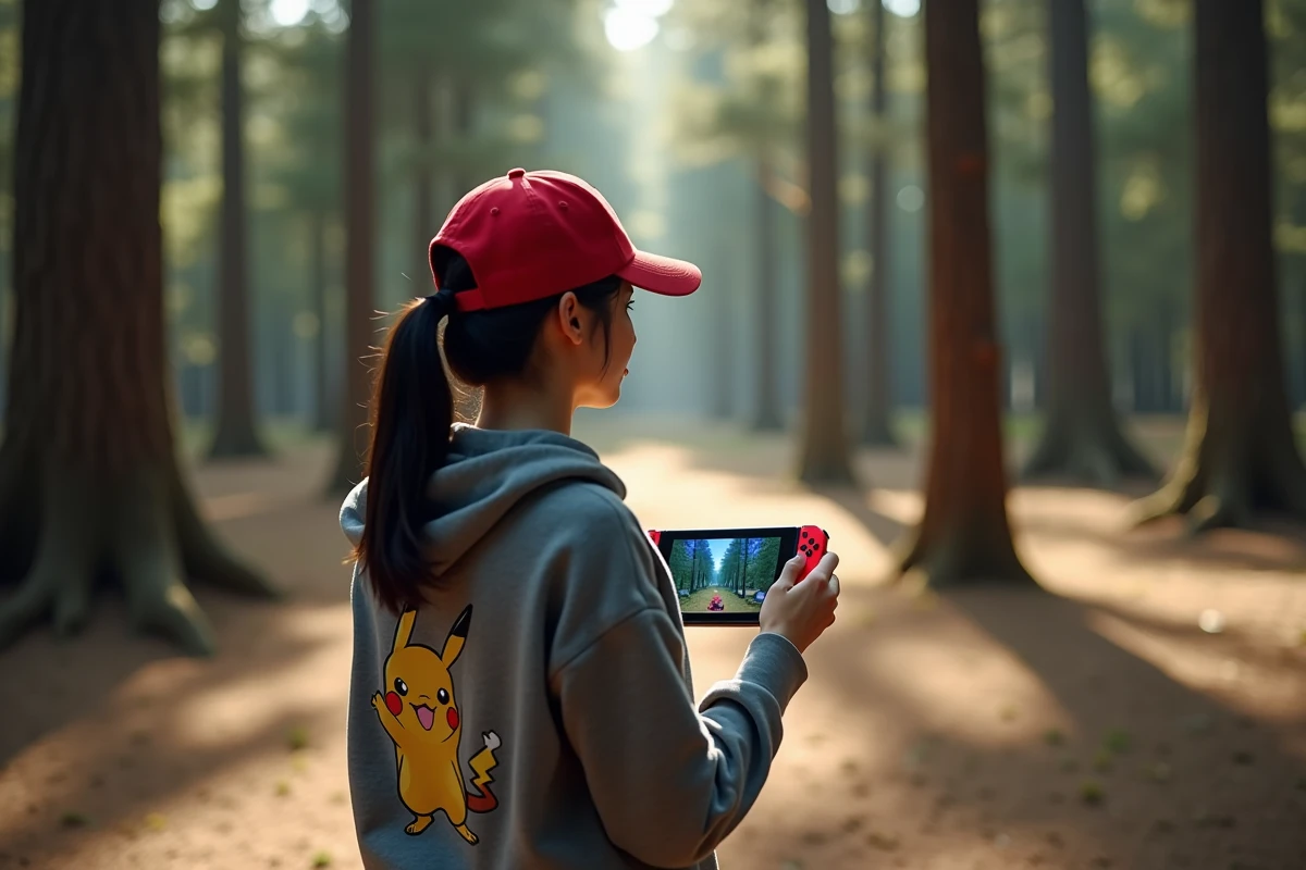 Joueuse tenant une Switch avec le mod Pixelmon dans une forêt évoquant un biome Minecraft