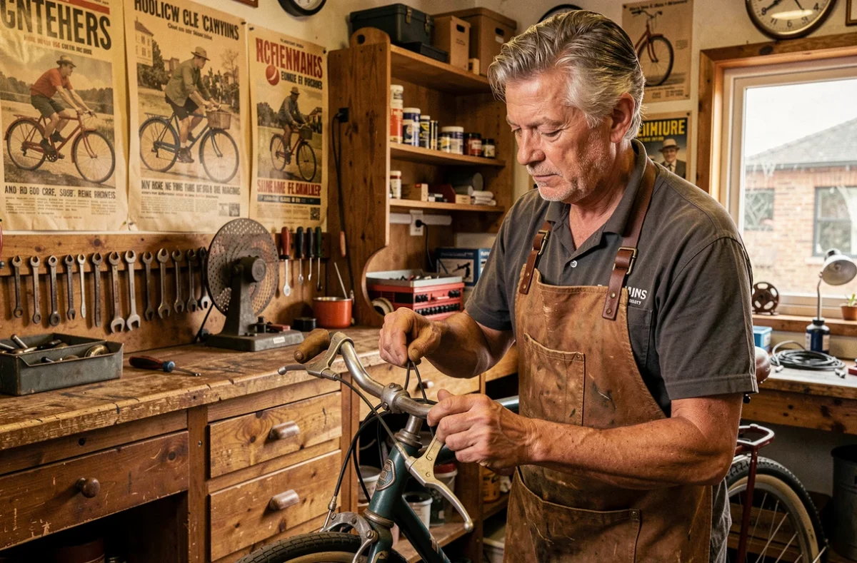 Mécanicien expérimenté de La Roue Tourne remplaçant les câbles de frein d'un vélo de ville ancien dans un atelier rétro