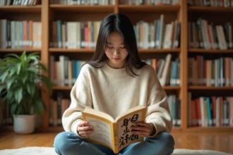 Jeune femme lisant un manga en version originale japonaise dans une bibliothèque personnelle remplie de volumes manga