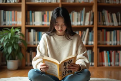 Jeune femme lisant un manga en version originale japonaise dans une bibliothèque personnelle remplie de volumes manga