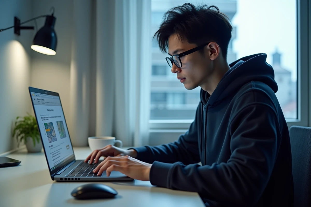 Homme lisant un manga en ligne légalement sur une plateforme japonaise depuis son ordinateur portable à son bureau