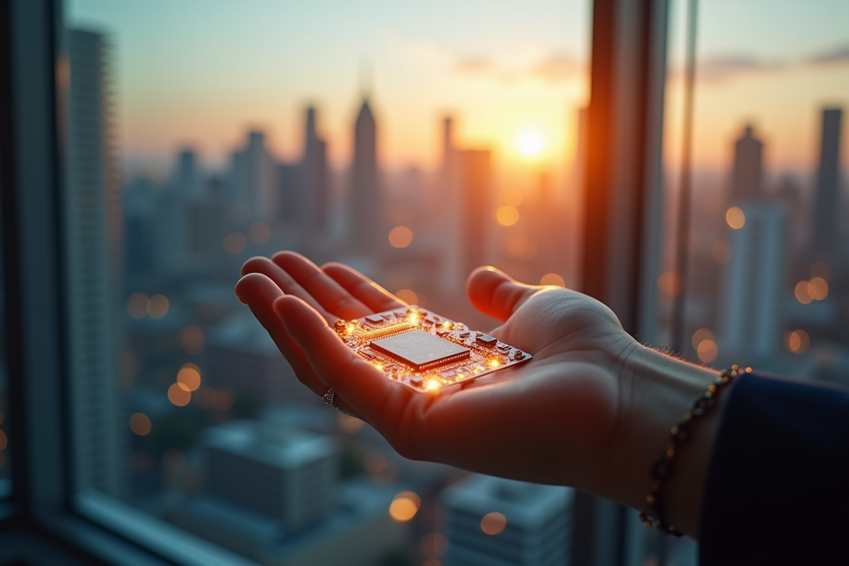 Une main tenant une carte électronique lumineuse avec la ville en arrière-plan