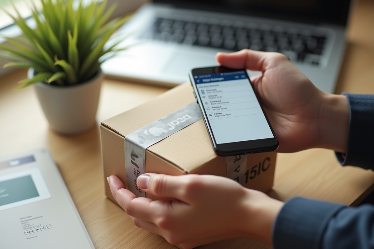 Mains tenant un colis et un smartphone affichant les options d