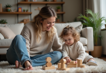 Femme et fille jouent ensemble dans un salon chaleureux
