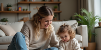 Femme et fille jouent ensemble dans un salon chaleureux
