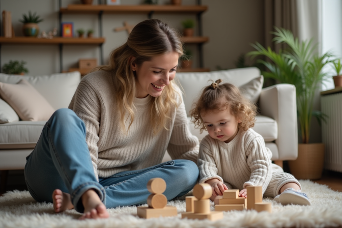 Femme et fille jouent ensemble dans un salon chaleureux