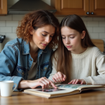 Traumatisme générationnel : conséquences et solutions pour y faire face Femme et fille regardant un album photo en cuisine