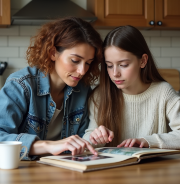 Traumatisme générationnel : conséquences et solutions pour y faire face Femme et fille regardant un album photo en cuisine