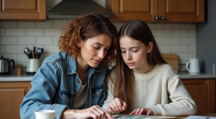Traumatisme générationnel : conséquences et solutions pour y faire face Femme et fille regardant un album photo en cuisine