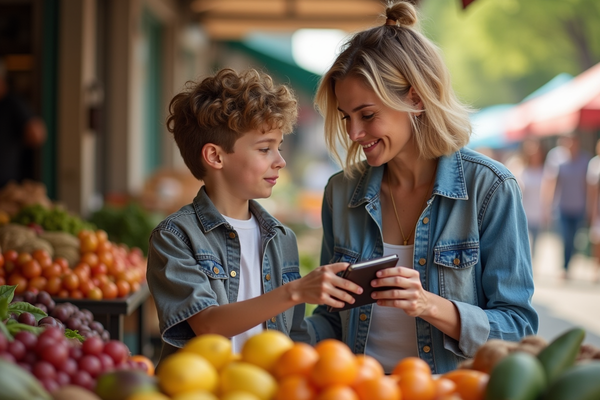 Mère et fils faisant des courses au marché en plein air