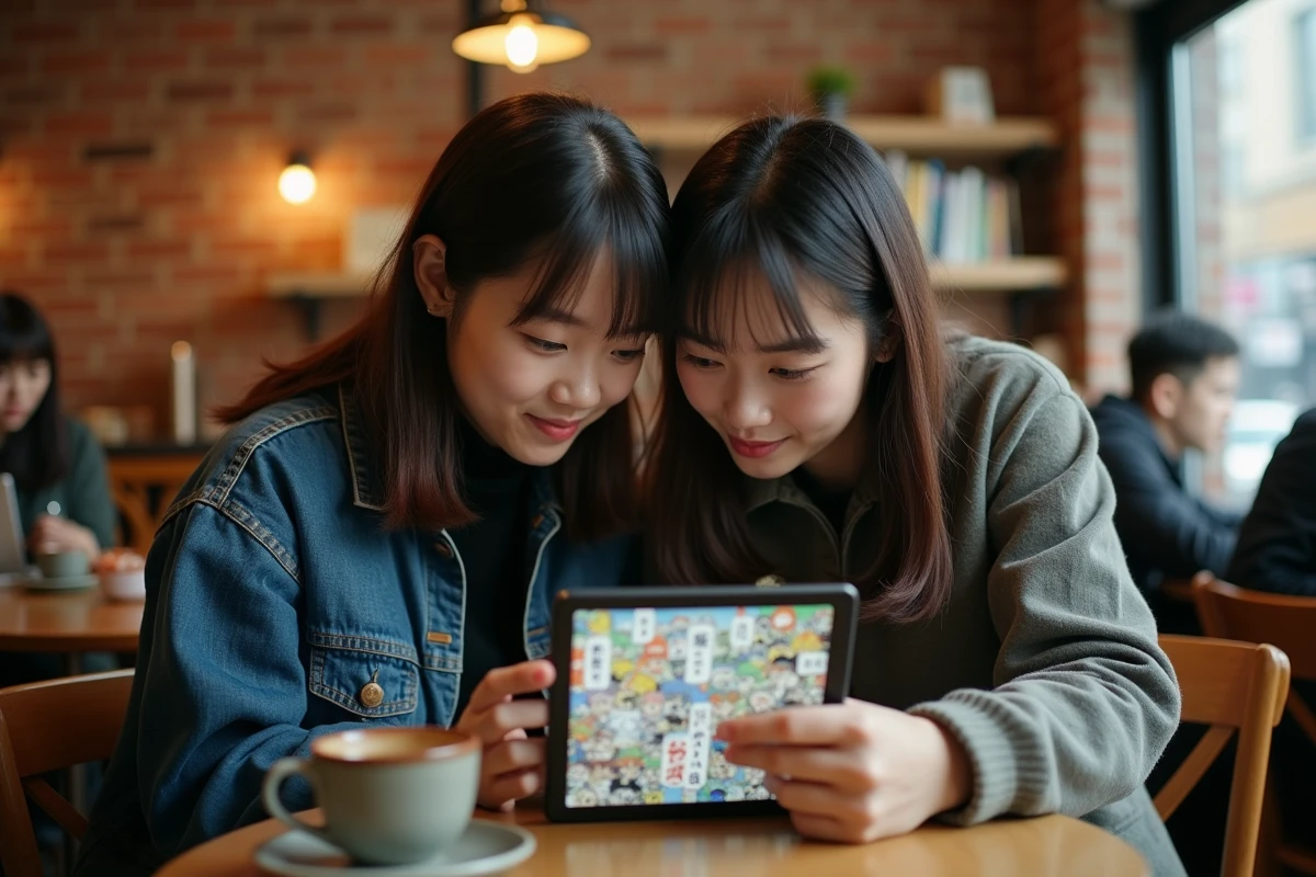 Deux jeunes adultes consultant un manga en version originale sur une tablette dans un café, explorant les options de lecture légale en ligne