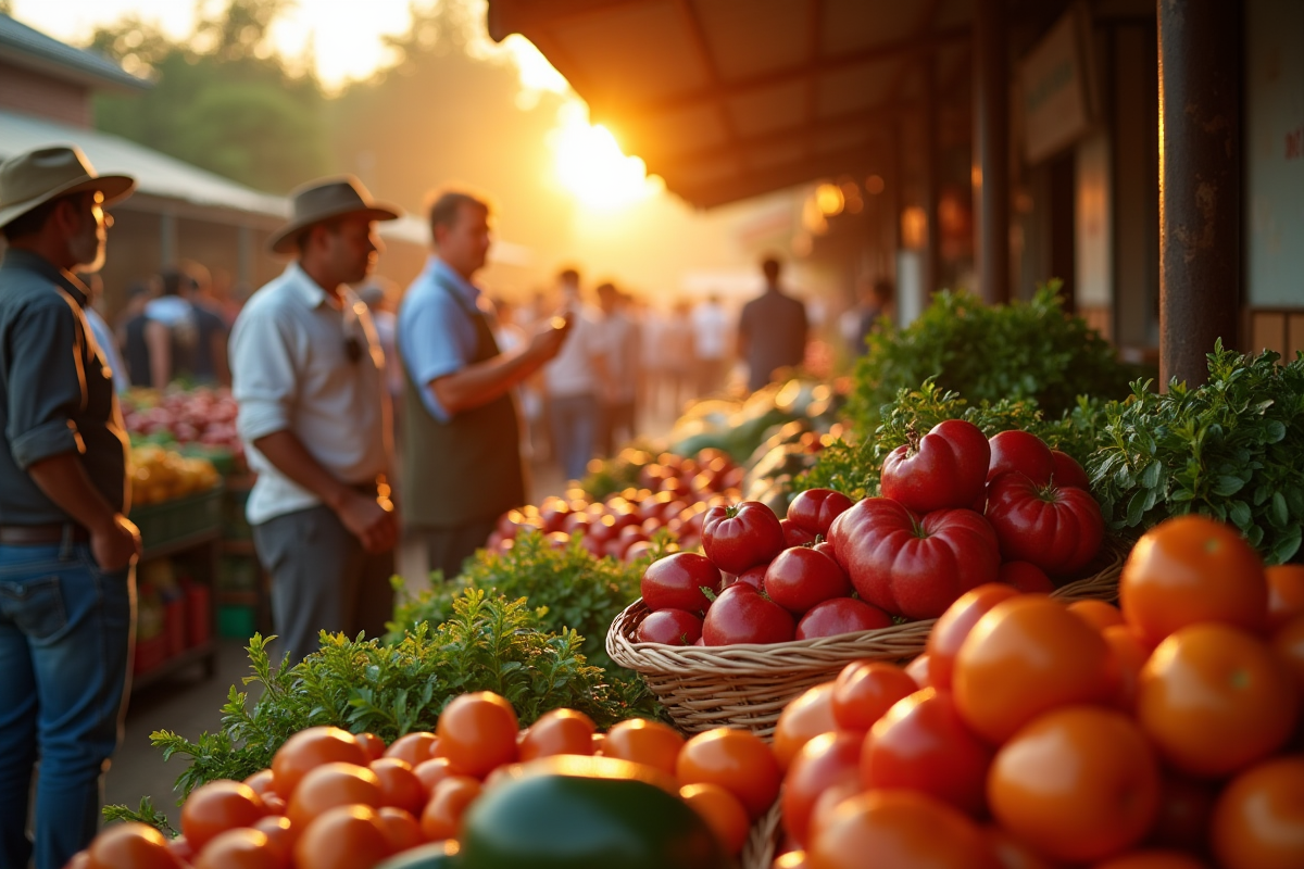 Marché de légumes au lever du soleil avec producteurs et acheteurs