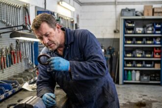 Mécanicien inspectant un joint élastomère de haute qualité dans un atelier industriel