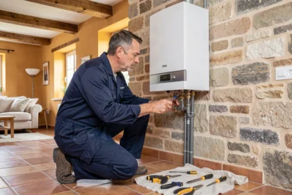 Un chauffagiste professionnel en uniforme bleu inspecte une chaudière murale dans une maison bretonne aux murs en pierre